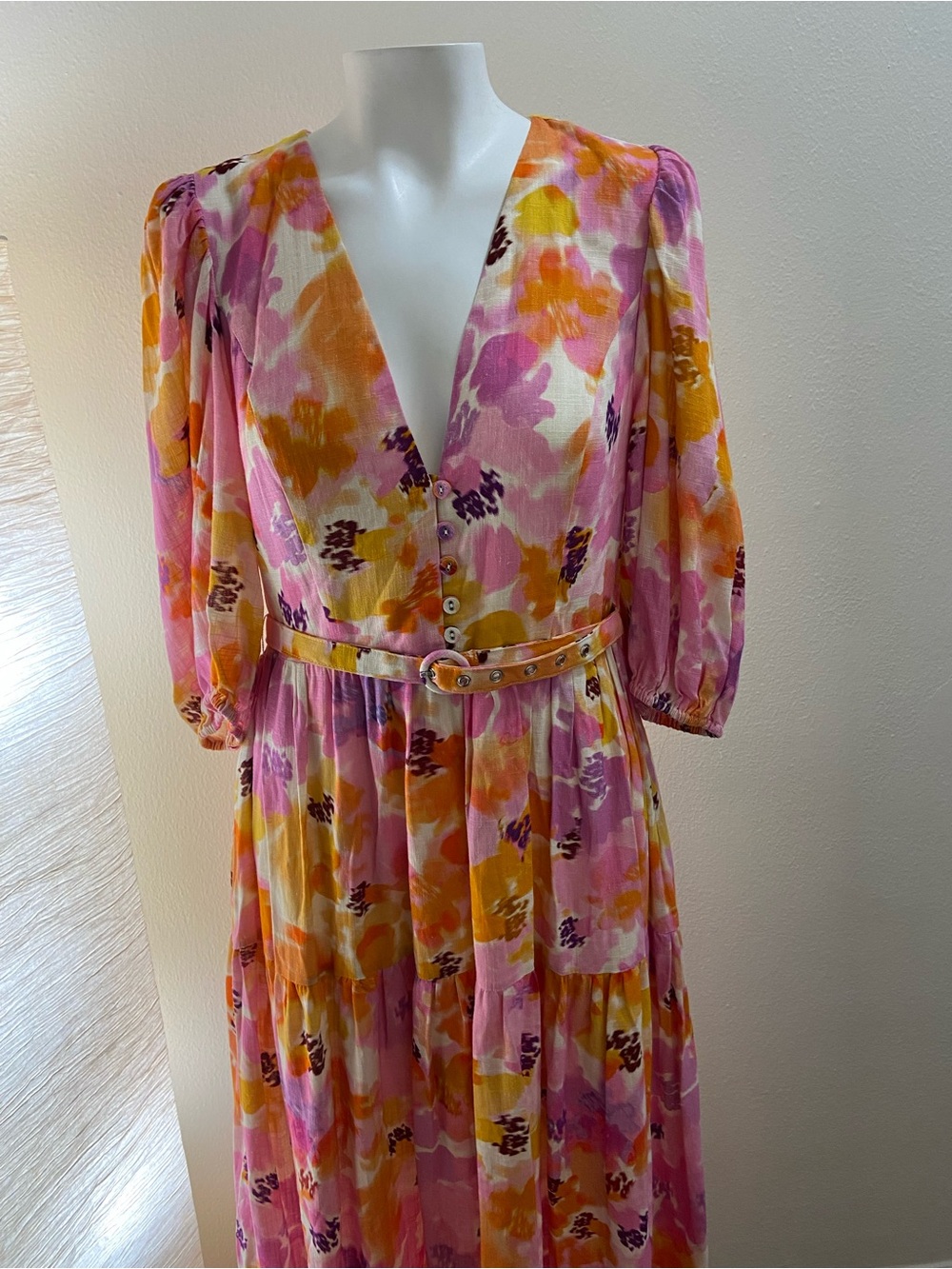 NWT Nicholas Celie Floral Maxi Dress - Linen Blend  Puff Sleeve - Sz 8